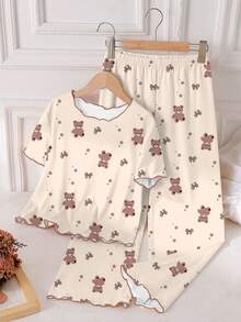 Genkimix Kids Tween Girls 2-Piece Pajama Set, Featuring Allover Print T-Shirt With Bear & Bow Design, Paired With Loose Allover Print Pants With Frill Trim, Casual Homewear For Spring/Summer - Apricot - View 4