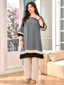 Lacomfia Plus Size Casual Commuter Color Block Patchwork Top And Pants 2 Pieces Set - Light Grey - View 4