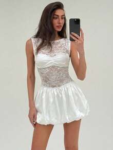 Aloruh 女士露背撞色蕾丝纯白色连衣裙，性感迷人，适合婚礼、度假、约会等场合。 - 白色 - 查看 5