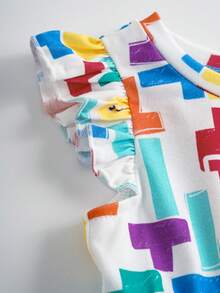 Tetris™ X SHEIN Đầm mùa hè dáng rộng in họa tiết hình học cho bé gái - trắng - Xem 5