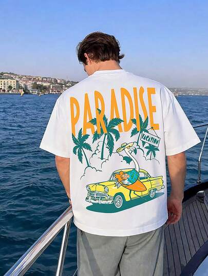 Manfinity Chillmode Unisex Casual Vacation Paradise Print Oversized White T-Shirt