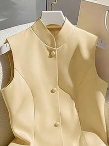 Franclia Chaqueta de chaleco de mujer de verano de color amarillo mostaza , chaqueta formal con cuello alto, elegante y encantadora para negocios y uso diario, parte superior de color amarillo mantequilla y amarillo pastel - Amarillo - Ver 3