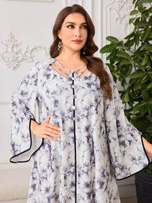 Al Najma Plus Size Women's Elegant Tie-Dye Arabic Style Long Sleeve Maxi Dress,White,Summer,Jamican,Modest,Vacation - Multicolor - View 6