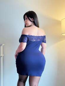 Vibekara Off-Shoulder Lace Bodycon Mini Dress, Sexy Knit Dress - Navy Blue - View 2