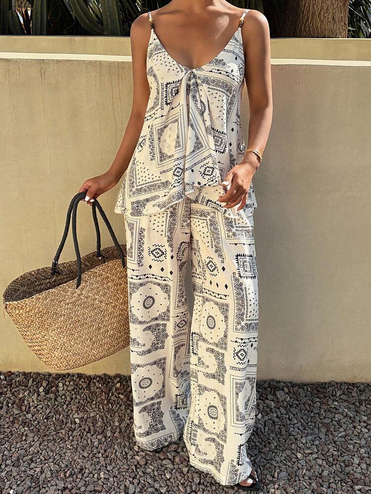 Women's Printed Camisole Top And Loose Wide-Leg Pants, Vacation Casual Two Pieces Set Summer