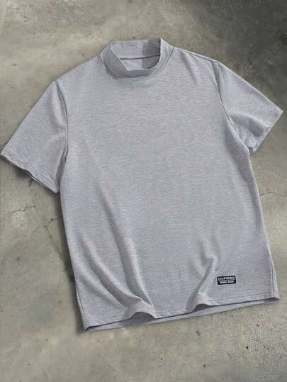 SWAVVY Men's Casual Minimalist Letter Print Stand Collar Short Sleeve T-Shirt, Suitable For Daily Commute, Summer, Grey T Shirt,Comfortable