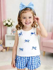 SHEIN Set de 2 piezas con top de tirantes con lazo 3D lindo y shorts a cuadros rosas para niña, fresco para vacaciones de verano, playa, salidas - Multicolor - Ver 9