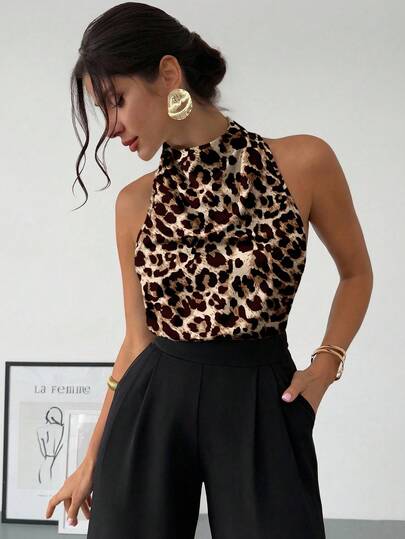 Firerie Blusa ajustada con cuello irregular, sin mangas, con lazo decorativo y estampado de leopardo vintage moderno, elegante y casual para primavera/verano