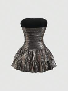 Sweetra Nouvelle robe élastique en PU à motif de crocodile bordeaux pour femmes, convenant pour le travail, les sorties décontractées, les fêtes et les boîtes de nuit. Caractéristiques : volants à l'ourlet, bustier, plis à la taille, longueur mini - Vert - Voir 2