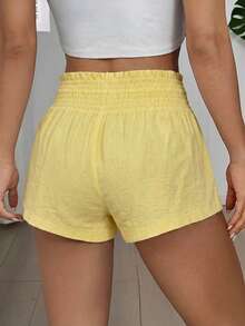SHEIN EZwear 女士休闲抽绳腰侧口袋黄色短裤，适合日常通勤和夏季穿着 - 黃色 - 查看 2