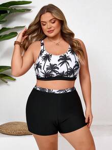 SHEIN CURVE+ Bộ đồ bơi mùa hè in hình cây dừa dành cho nữ cỡ lớn - màu đen - Xem 3