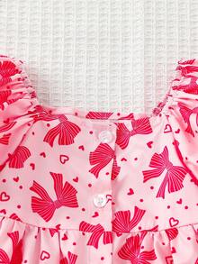 SHEIN Baby Girl Cute Bow Print Petal Sleeve Dress, Summer - Pink - View 4