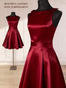 Olithes 女士优雅缎面蝴蝶结装饰酒红色短款连衣裙，无袖 - 酒紅色 - 查看 3