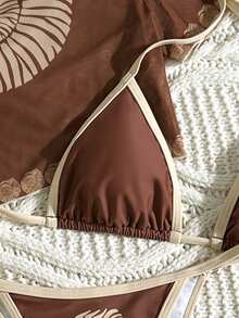 Swim Mod 3pcs Women's Surfing Outfit Set, Cherry Letter Print Spaghetti Strap Bikini With Transparent Mesh Cover-Up T-Shirt, Summer Beachwear - Brown - View 3