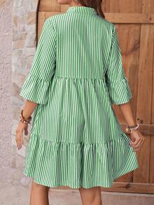 Vestido camisero de manga corta con cuello alto y rayas para maternidad - Verde - Ver 2