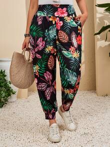 EMERY ROSE Plus Size Women Tropical Plant Print Casual Drawstring Pants Summer Spring Beach Vacation For Bohemian Fall - Multicolor - View 5