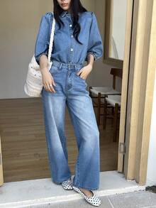 DAZY Women's Casual Washed White Puff Sleeve Shirt And Wide Leg Jeans Set, Spring/Summer - Medium Wash - View 7