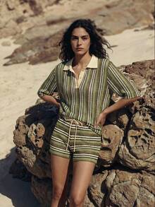 Maija Cubrecuerpo de mujer con cuello polo y mangas cortas a rayas - Verde militar - Ver 5