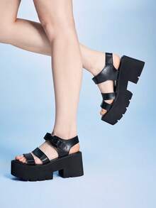 Sugerpunk Giày sandal đế xuồng phong cách Punk dành cho nữ, giày chiến binh La Mã cổ điển Gothic với quai đôi màu tối và khóa kim loại co giãn. - màu đen - Xem 4