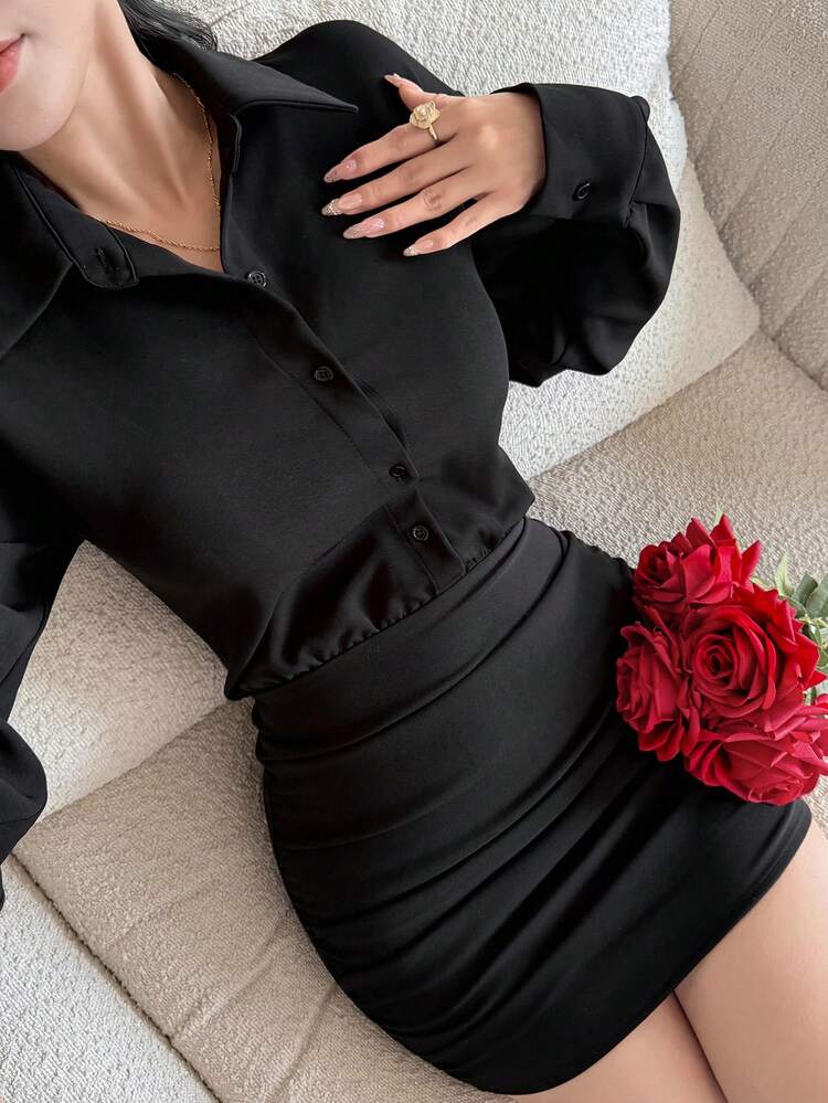 Women's Solid Color Long Sleeve Single-Breasted Pleated Casual Shirt Dress Sundress Summer