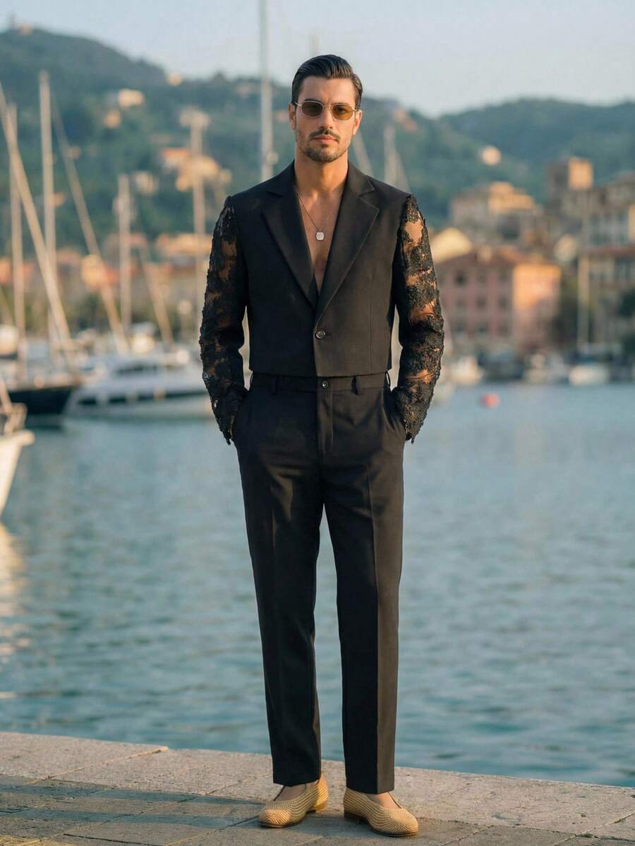 HIMLAND 男士翻领商务西装套装，包括外套和裤子，尽显老派绅士风范，适合婚礼、度假、海滩等场合，是送给丈夫/男友的简约时尚通勤好礼。男士透视花卉蕾丝袖黑色短款西装外套搭配修身长裤，性感深V领派对男士套装，哥特式优雅晚礼服套装，夏季透气正式西装外套，T台时尚宣言套装，度假晚宴男士着装，男士两件套黑色西装套装，精致短款蕾丝西装外套套装，晚宴正式着装，性感透视拼接派对夜店礼服套装。