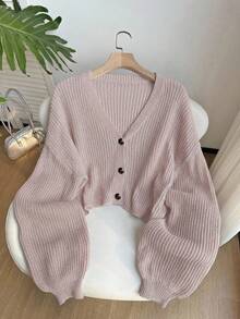 SHEIN EZwear Plus Size Women's Solid Color Drop Shoulder Long Sleeve Casual Knit Cardigan, Pink - Pink - View 1