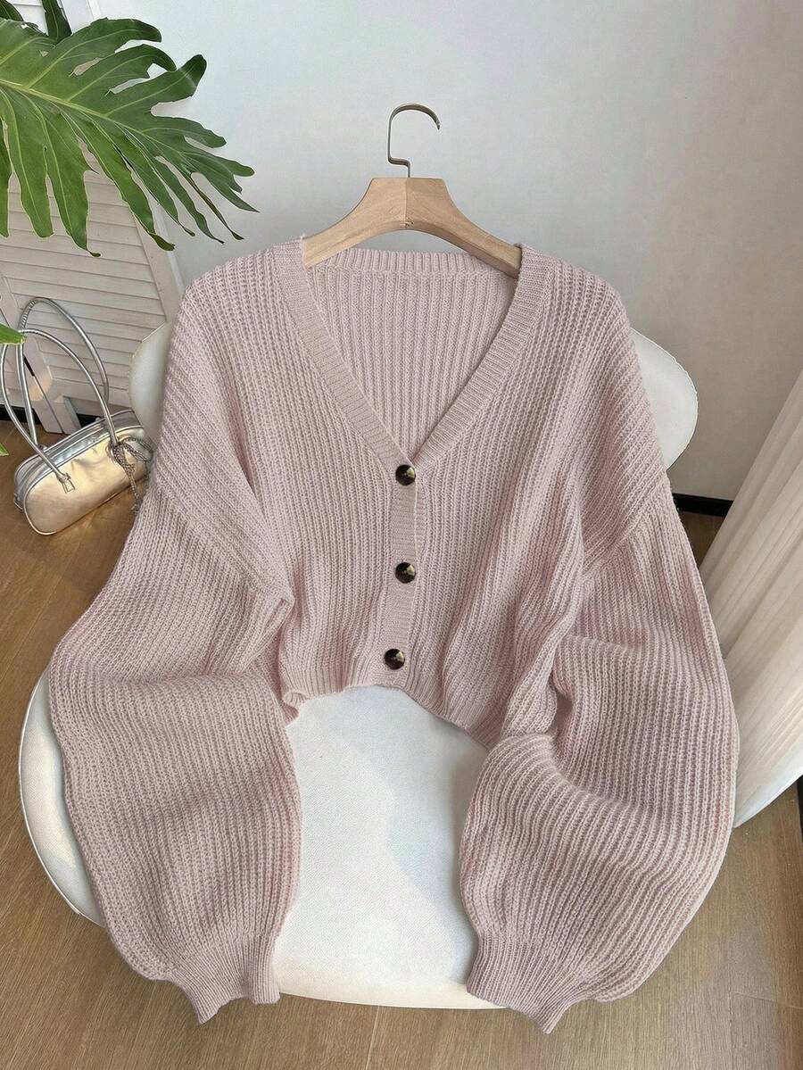 SHEIN EZwear Plus Size Women's Solid Color Drop Shoulder Long Sleeve Casual Knit Cardigan, Pink - Pink - View 1