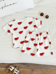 SHEIN 2pcs/Set Unisex Baby Watermelon Print Short Sleeve Pajamas Shorts Set, Casual Comfortable Summer Sleepwear - Multicolor - View 2