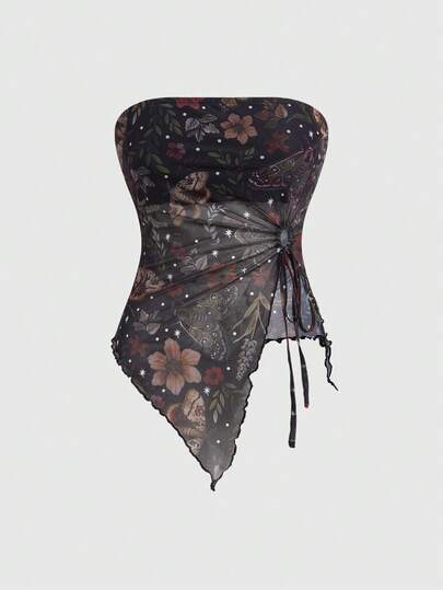 ROMWE Kawaii Top tubo con estampado de fresas y bajo asimétrico, blusa de tela de malla con estilo Y2K para mujeres