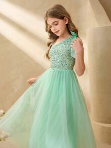 女童优雅绿色亮片网纱单肩蝴蝶结长款修身连衣裙，适合晚宴、圣诞节、万圣节、婚礼、花童、舞会、毕业典礼、节日等场合。 - 綠色 - 查看 4