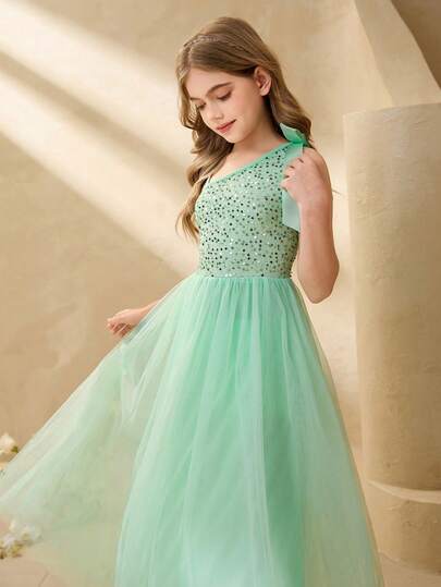 Girls' Elegant Green Sequin Mesh One Shoulder Strap Bow Long Fitted Dress, Suitable For Evening Party, Christmas, Halloween, Wedding, Flower Girl, Prom, Graduation, Holiday