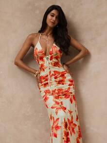 SHEIN Glamour 女士优雅性感印花露背连衣裙，夏季 - 彩色 - 查看 4