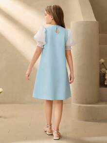 Tween Girls' Elegant Lily Satin Puff Sleeve Dress With Cute Bow Design And Blue Wave Pattern, And Gentle - Blue - View 2