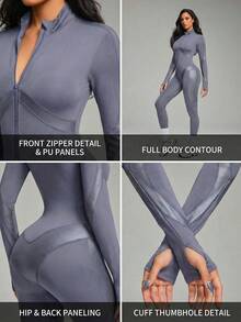 Innovista Women's Fashion Zipper Half-Zip Long Sleeve Jumpsuit Ski Suit Zip PU Catsuit Blue-Gray Long Sleeve Unitard/Jumpsuit, Front Zip+Guard, Removable Pads, Thumbholes, Tonal Stretch PU Panels, Sculpting Compression | Gym HIIT Yoga Pilates |  Mono Gris Azulado Con Cremallera | Macacão Cinza-Azulado Zíper | جمبسوت رياضي | Gymtok Moto Athleisure - Dark Grey - View 8
