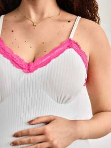 Moonlight&Mama Maternity Contrast Lace Ribbed Camisole Nightgown - White - View 4