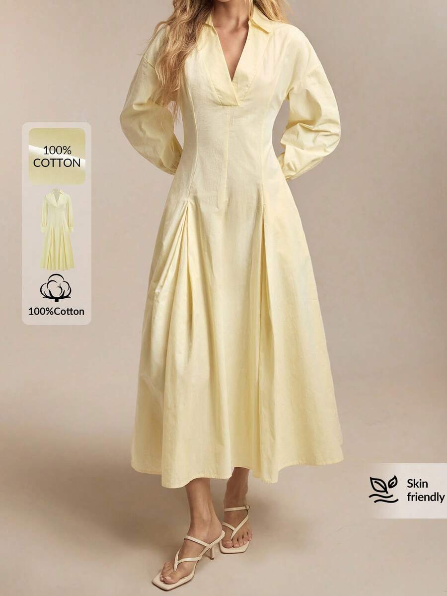 BizChic New Cream Yellow Shirt Dress With V-Neck, Asymmetrical Pleated Hem, Dropped Shoulder, Versatile For Spring/Summer Wear - Light Yellow - View 1