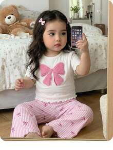 女婴可爱夏季休闲针织蝴蝶结短袖T恤和条纹裤套装 - 粉色 - 查看 1