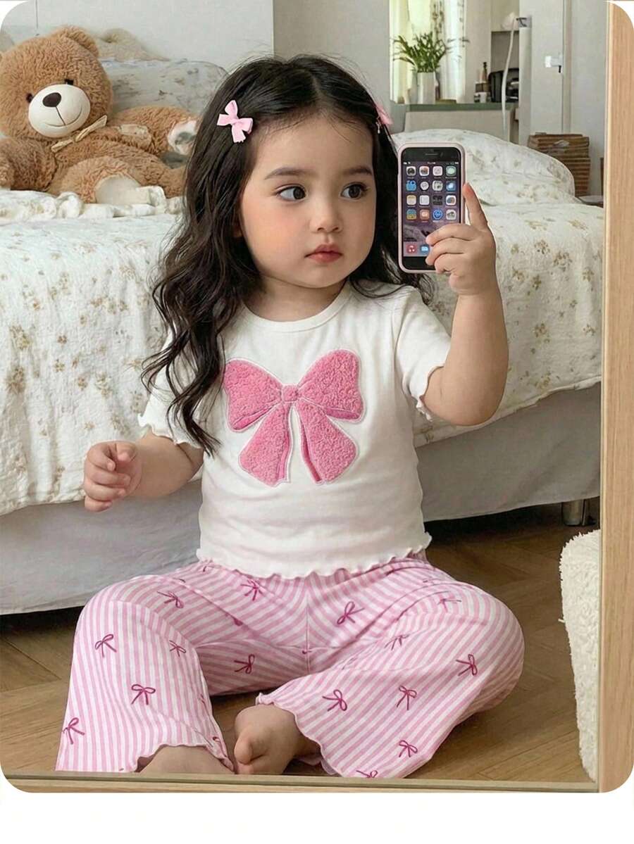 女婴可爱夏季休闲针织蝴蝶结短袖T恤和条纹裤套装 - 粉色 - 查看 1