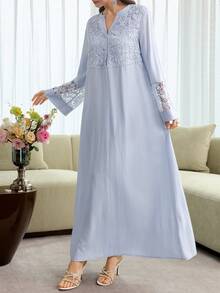 Al Najma Spring/Summer Fashion V-Neck Flare Sleeve Patchwork 3D Embroidery Ruffle Hem Robe Islamic Dresses Abaya For Women Modest Dress Dress With Lace Sleeves - Baby Blue - View 6