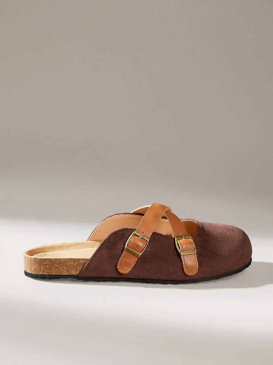 Solecia 女士休闲平底鞋，交叉搭扣设计，适合日常穿着 - 紅棕色 - 查看 1