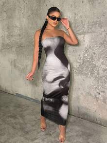 SHEIN SXY Đầm quây in hình khuôn mặt dành cho nữ - Đen và trắng - Xem 5