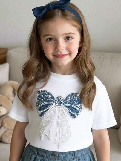 Camiseta casual de manga corta con cuello redondo, bordado de lazo con cuentas para niñas jóvenes, talla estándar