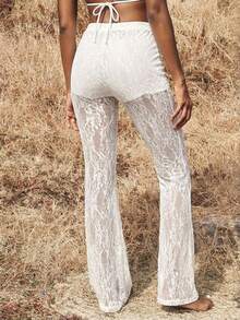 Opulessa 女士度假针织蕾丝高腰喇叭裤 - 白色 - 查看 2