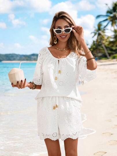 Sylviya Women's Casual Embroidered 2 Pieces Vacation Set, Summer Summer Outfit For Women Beach Vacation Outfits For Women Going Out Outfits Casual Sets For Women Vacation Outfits Women Holiday Outfits  White Set