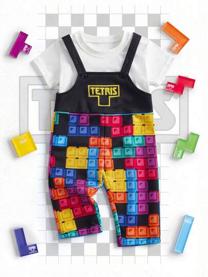 Tetris™ X SHEIN 1pc Baby Boys' Casual Colorful Geometric Print Romper