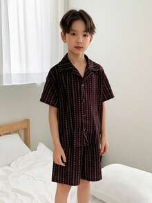 Dazy Kids Tween Boy All-Over Print Single-Breasted Short Sleeve Top And Shorts Casual Loungewear Pajama Set Summer - Brown - View 6