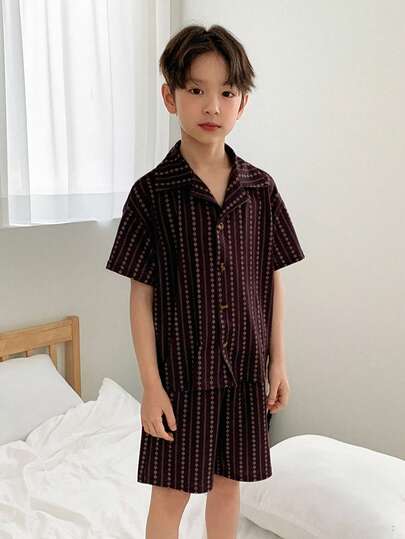 Dazy Kids Tween Boy Heltäckande Tryck Enkelknäppt Kortärmad Topp Och Shorts Avslappnad Loungewear Pyjamas Set