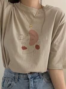 DAZY Loose Fit Round Neck Printed Short Sleeve T-Shirt For Women, Summer Graphic Tees Women - Khaki - View 3