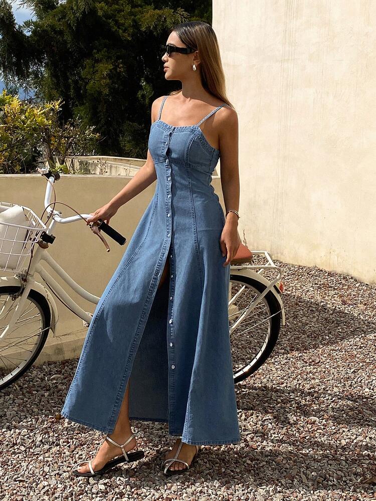 Women's Sleeveless Waist Cinched Long Casual Denim Dress