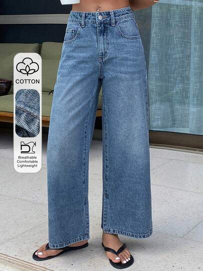 DAZY Quần jeans ống rộng nữ kiểu dáng thường ngày, có túi và cúc, phù hợp với mọi dịp, phong cách Y2K.